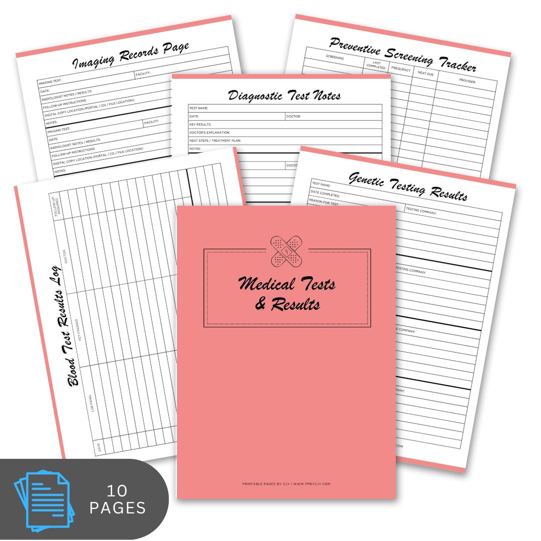 Medical test record book with various pages on a white background