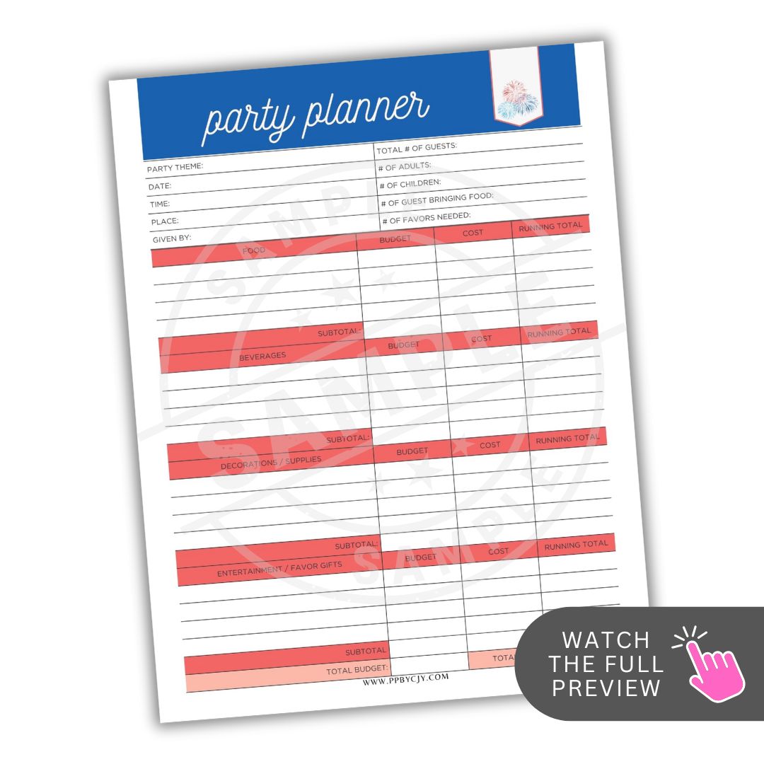 Party planner checklist with blue and red design on a white background