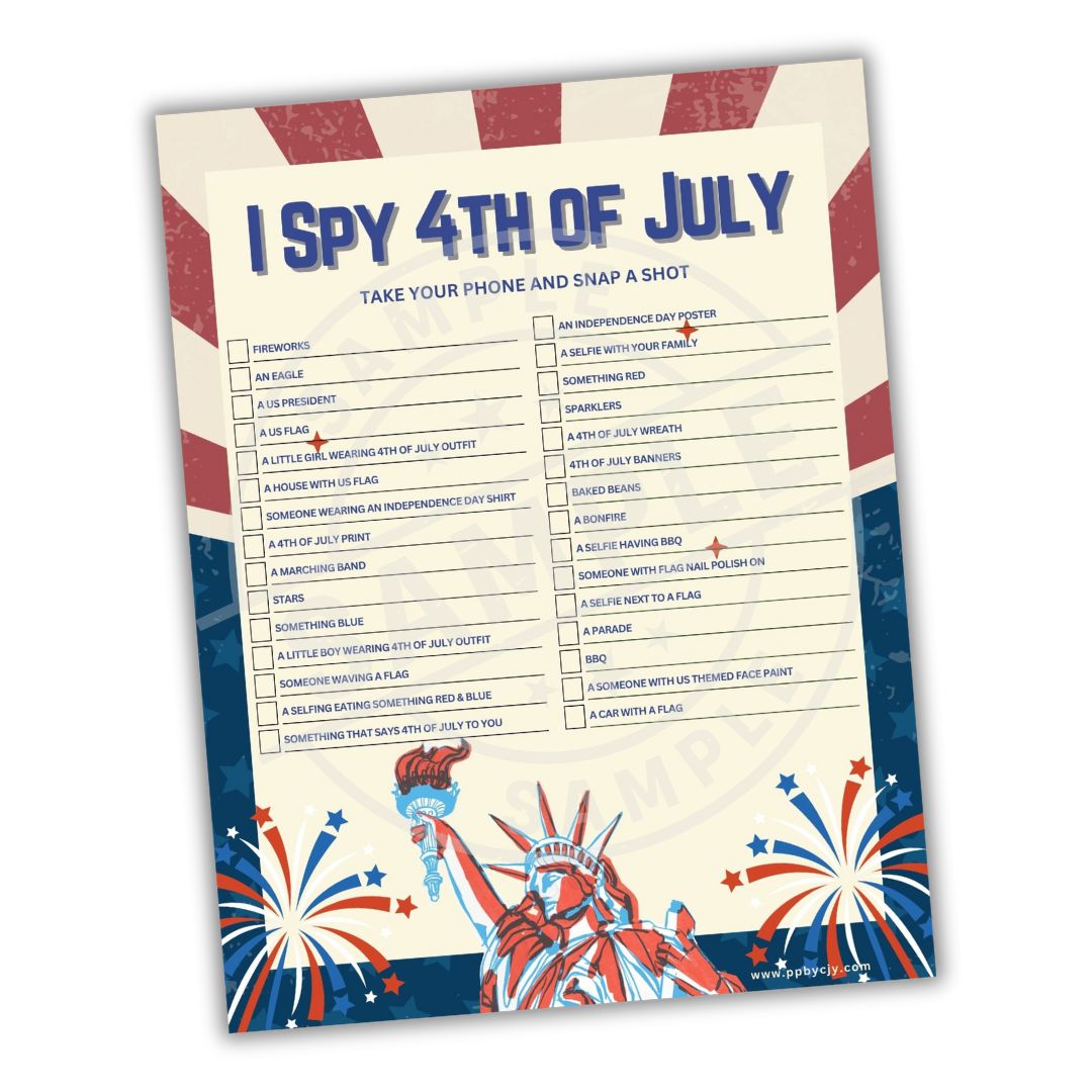 Activity sheet for the 4th of July with a patriotic design and text.