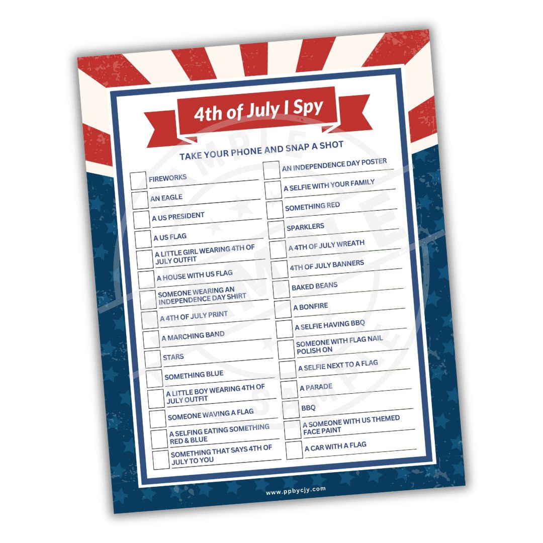 4th of July I Spy game sheet with red, white, and blue design on a white background