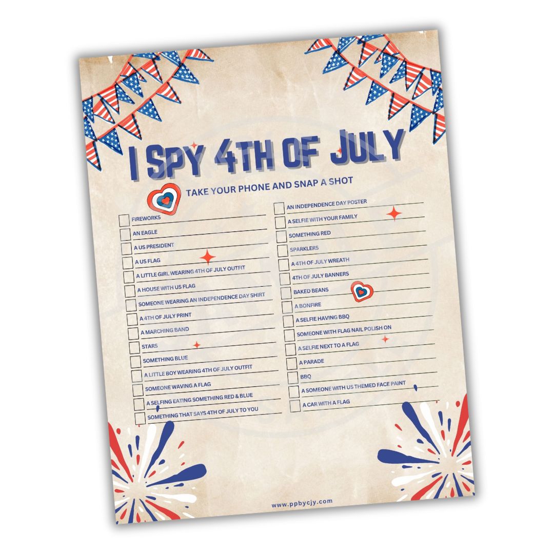 Activity sheet titled 'I Spy 4th of July' with patriotic design elements on a white background.