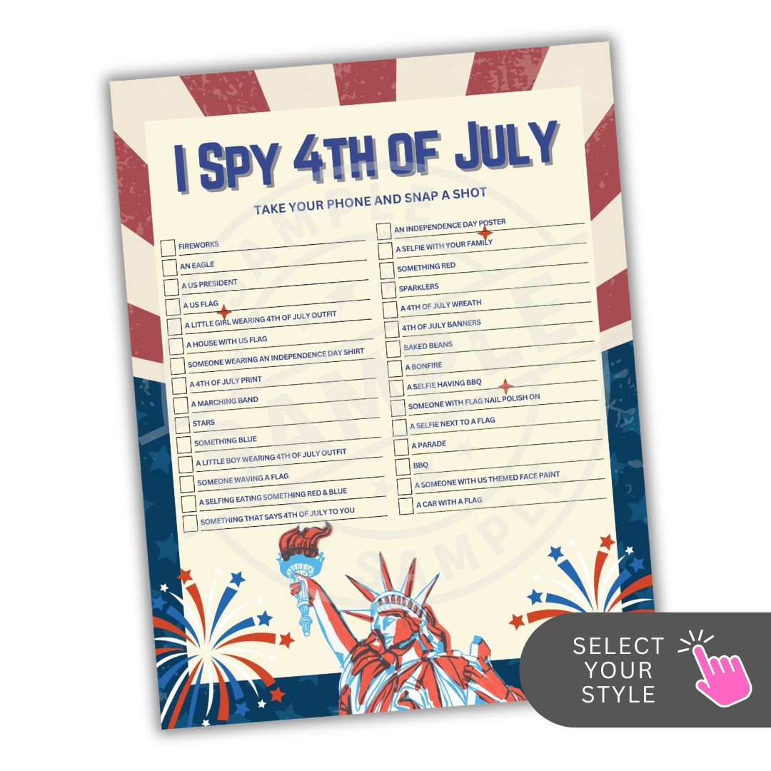 Sheet with 'I Spy 4th of July' game on a patriotic background with fireworks and the Statue of Liberty.
