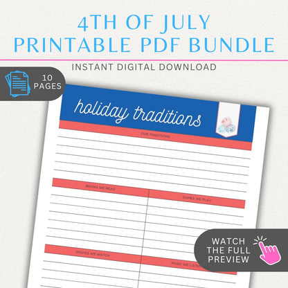 4th of July Planner Bundle Printable PDF with Party, Holiday, Meal, Decoration, Mantle, Wreath, and Cake Planning Pages, displayed on a desk with red, white, and blue decorations.
