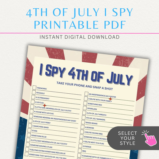 4th of July I Spy Printable Template featuring patriotic-themed objects like fireworks, flags, stars.
