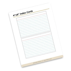 A single printed index card sheet shown at an angle on a white background. The card reads '4" x 6" Index Cards' and has two lined writing areas with thin blue, red, and green lines.