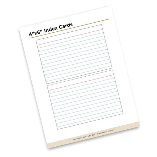 A single printed index card sheet shown at an angle on a white background. The card reads '4" x 6" Index Cards' and has two lined writing areas with thin blue, red, and green lines.
