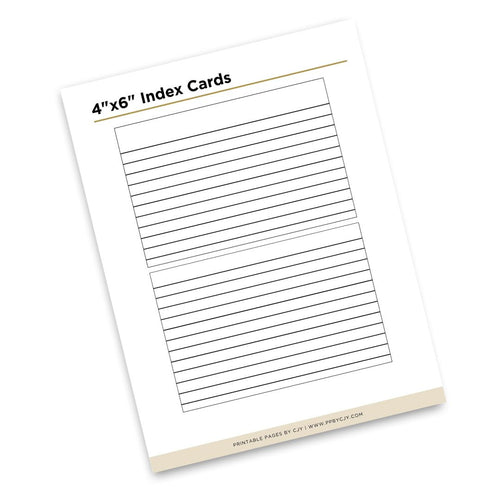 A single printable index card template shown at an angle on a white background. The card is labeled '4" x 6" Index Cards' at the top and has multiple horizontal ruled lines across the center.