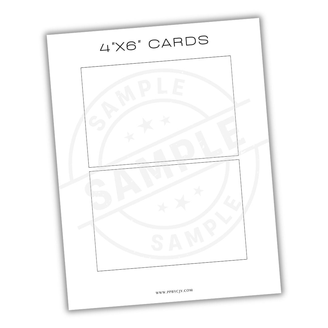 Sheet of 4x6 card templates with 'SAMPLE' text on a white background