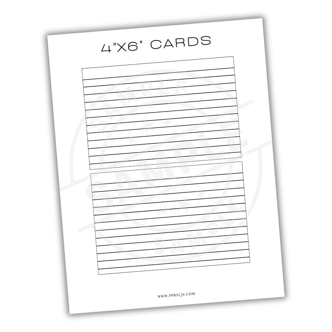 Sheet of 4x6 cards with lined paper on a white background