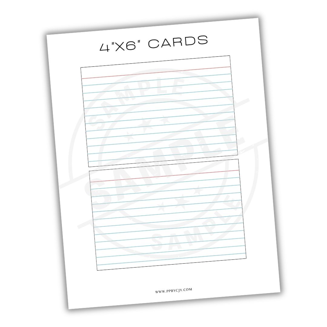 Sheet of lined paper with '4"x6" Cards' text on a white background