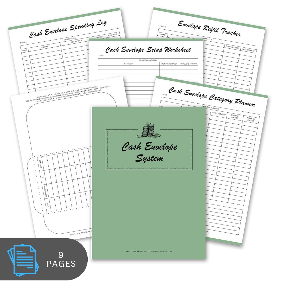 Set of cash envelope system worksheets with a green cover on a white background