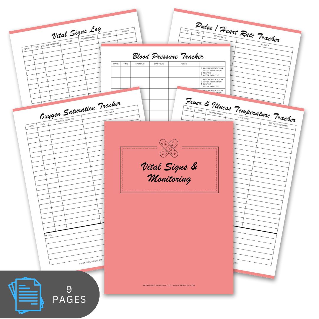 Vital signs monitoring book with pages for tracking various health metrics on a white background.