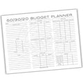 50/30/20 Budget planner sheet with columns for expenses and income on a white background