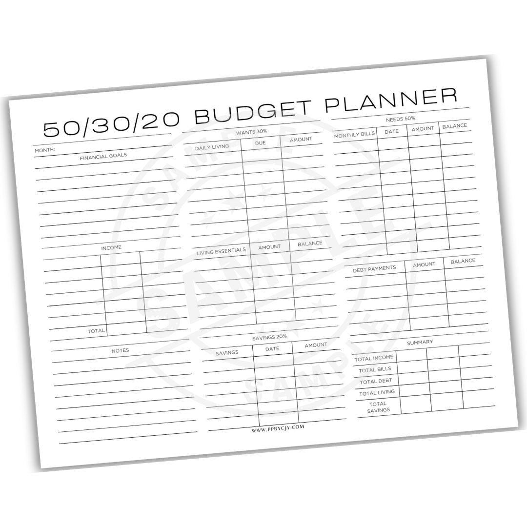 50/30/20 budget planner sheet on a white background