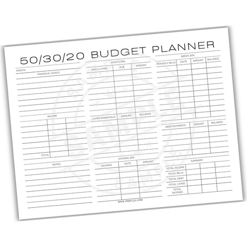 50/30/20 budget planner sheet on a white background