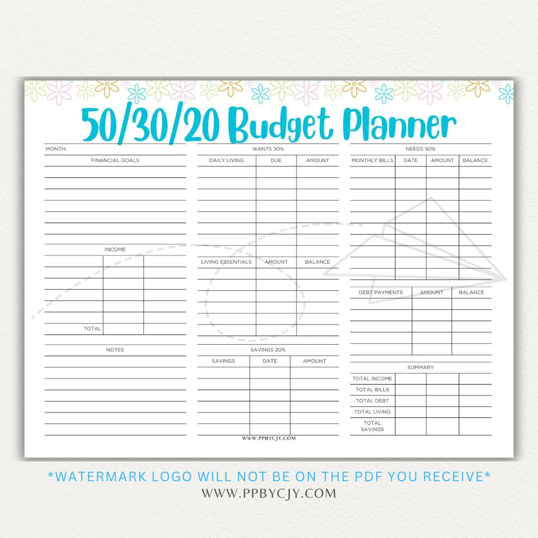 50/30/20 Budget Planner Printable Template with sections for needs, wants, and savings for personal finance management.