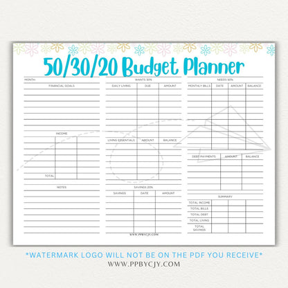 50/30/20 Budget Planner Printable Template with sections for needs, wants, and savings for personal finance management.