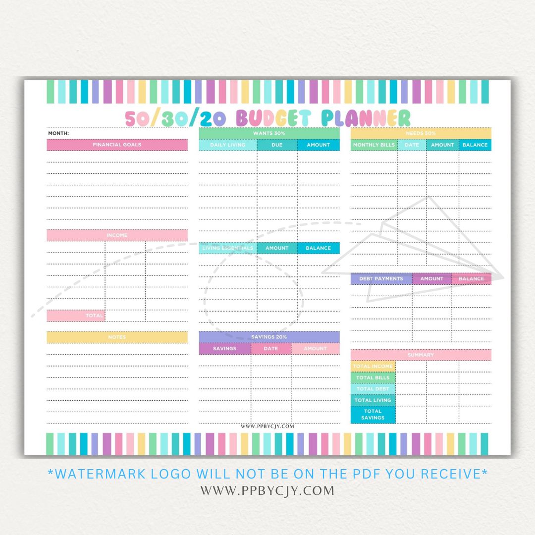 50/30/20 Budget Planner Printable Template with sections for needs, wants, and savings for personal finance management.