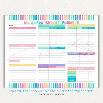 50/30/20 Budget Planner Printable Template with sections for needs, wants, and savings for personal finance management.