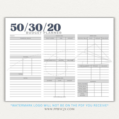 50/30/20 Budget Planner Printable Template with sections for needs, wants, and savings for personal finance management.