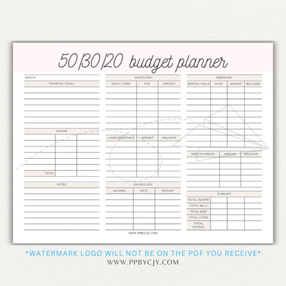 50/30/20 Budget Planner Printable Template with sections for needs, wants, and savings for personal finance management.