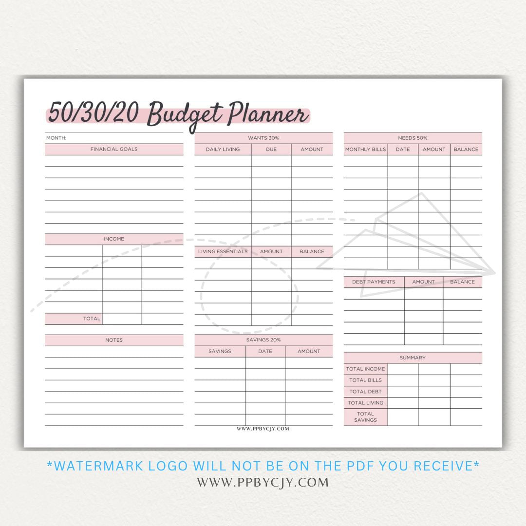 50/30/20 Budget Planner Printable Template with sections for needs, wants, and savings for personal finance management.