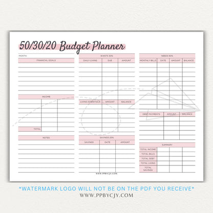 50/30/20 Budget Planner Printable Template with sections for needs, wants, and savings for personal finance management.