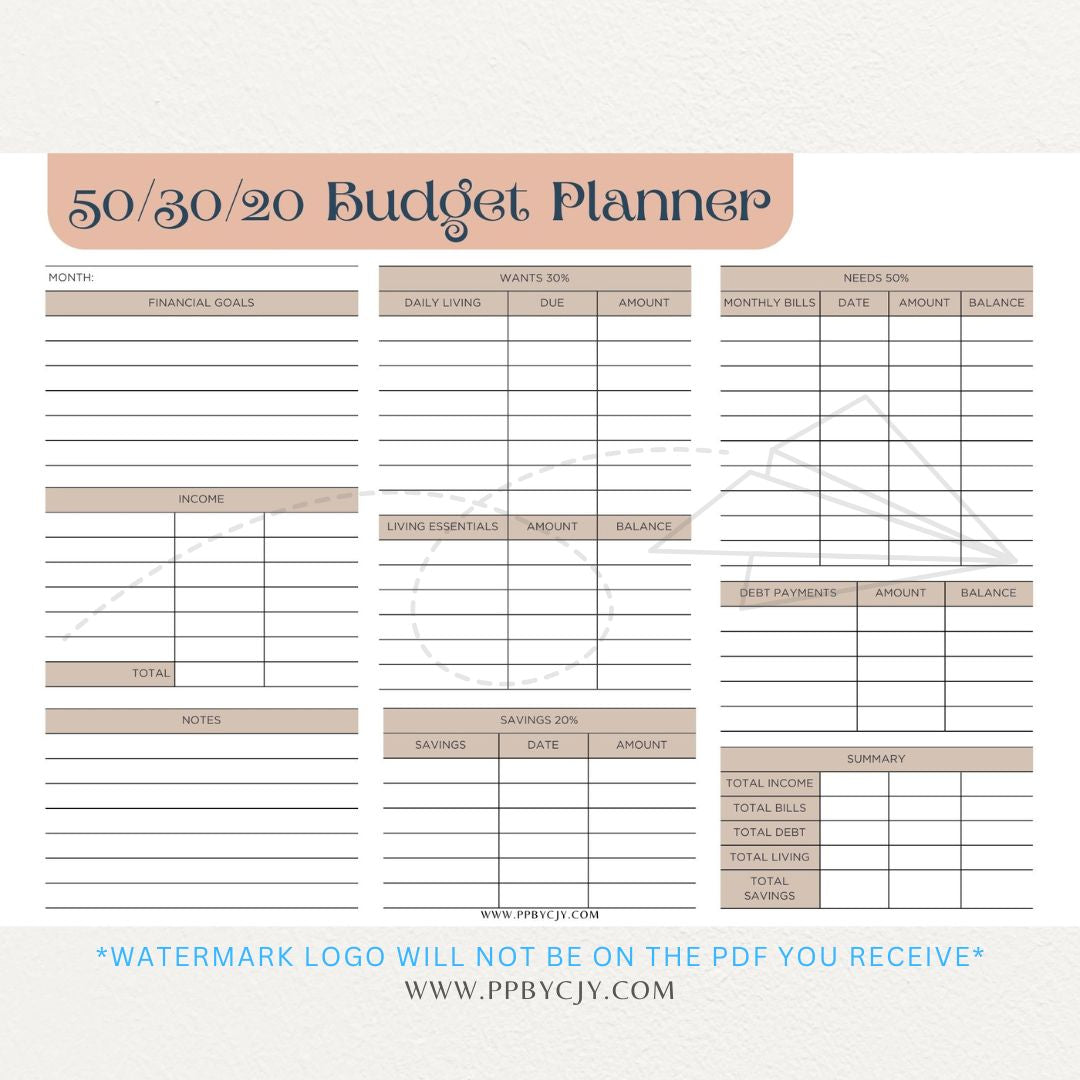 50/30/20 Budget Planner Printable Template with sections for needs, wants, and savings for personal finance management.