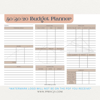 50/30/20 Budget Planner Printable Template with sections for needs, wants, and savings for personal finance management.