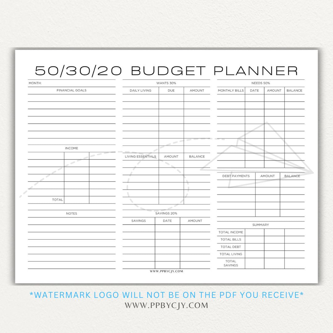 50/30/20 Budget Planner Printable Template with sections for needs, wants, and savings for personal finance management.