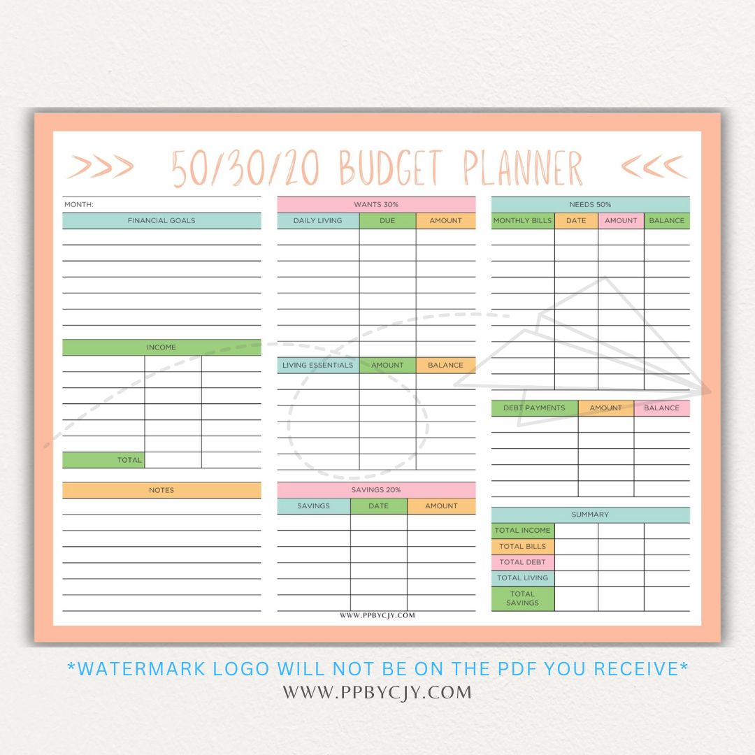 50/30/20 Budget Planner Printable Template with sections for needs, wants, and savings for personal finance management.