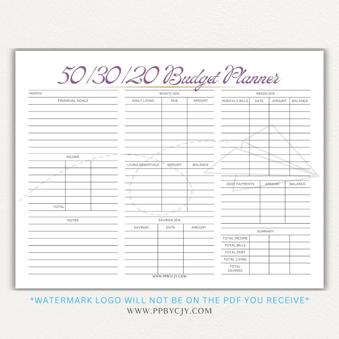 50/30/20 Budget Planner Printable Template with sections for needs, wants, and savings for personal finance management.