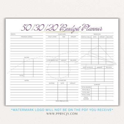 50/30/20 Budget Planner Printable Template with sections for needs, wants, and savings for personal finance management.