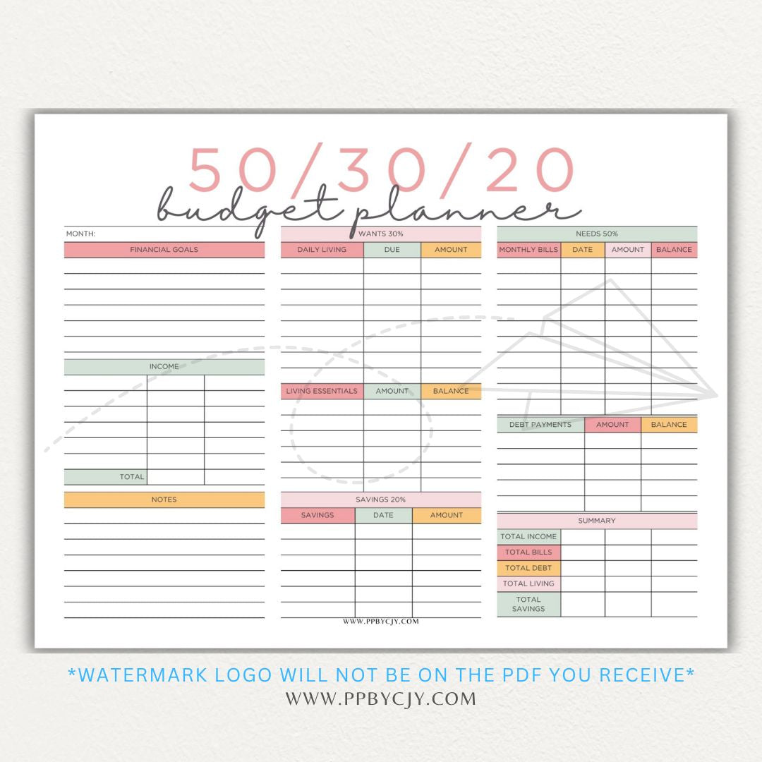 50/30/20 Budget Planner Printable Template with sections for needs, wants, and savings for personal finance management.