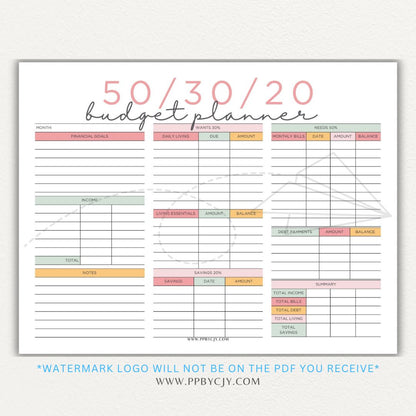 50/30/20 Budget Planner Printable Template with sections for needs, wants, and savings for personal finance management.