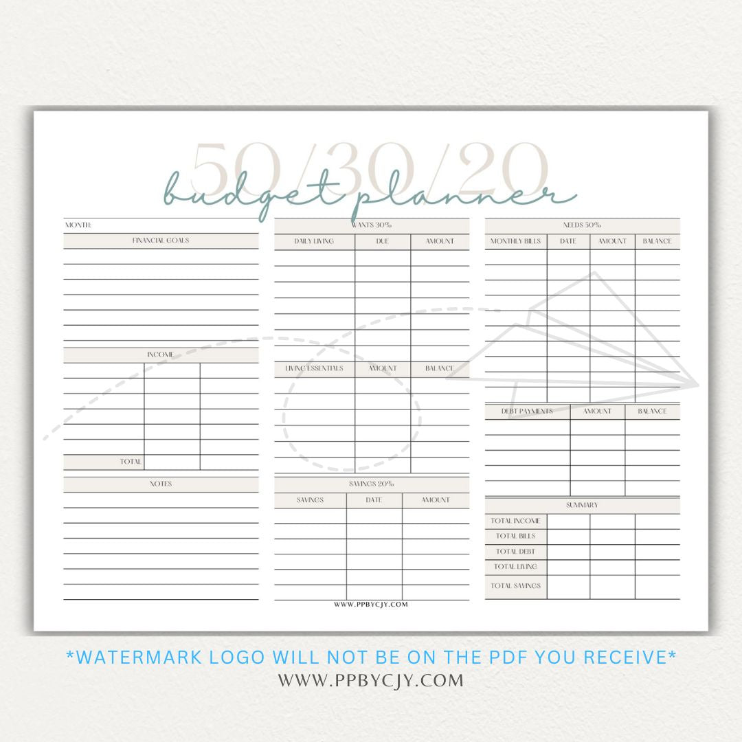 50/30/20 Budget Planner Printable Template with sections for needs, wants, and savings for personal finance management.