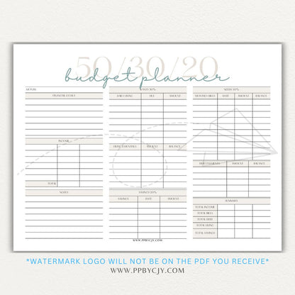 50/30/20 Budget Planner Printable Template with sections for needs, wants, and savings for personal finance management.