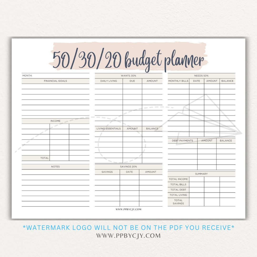 50/30/20 Budget Planner Printable Template with sections for needs, wants, and savings for personal finance management.