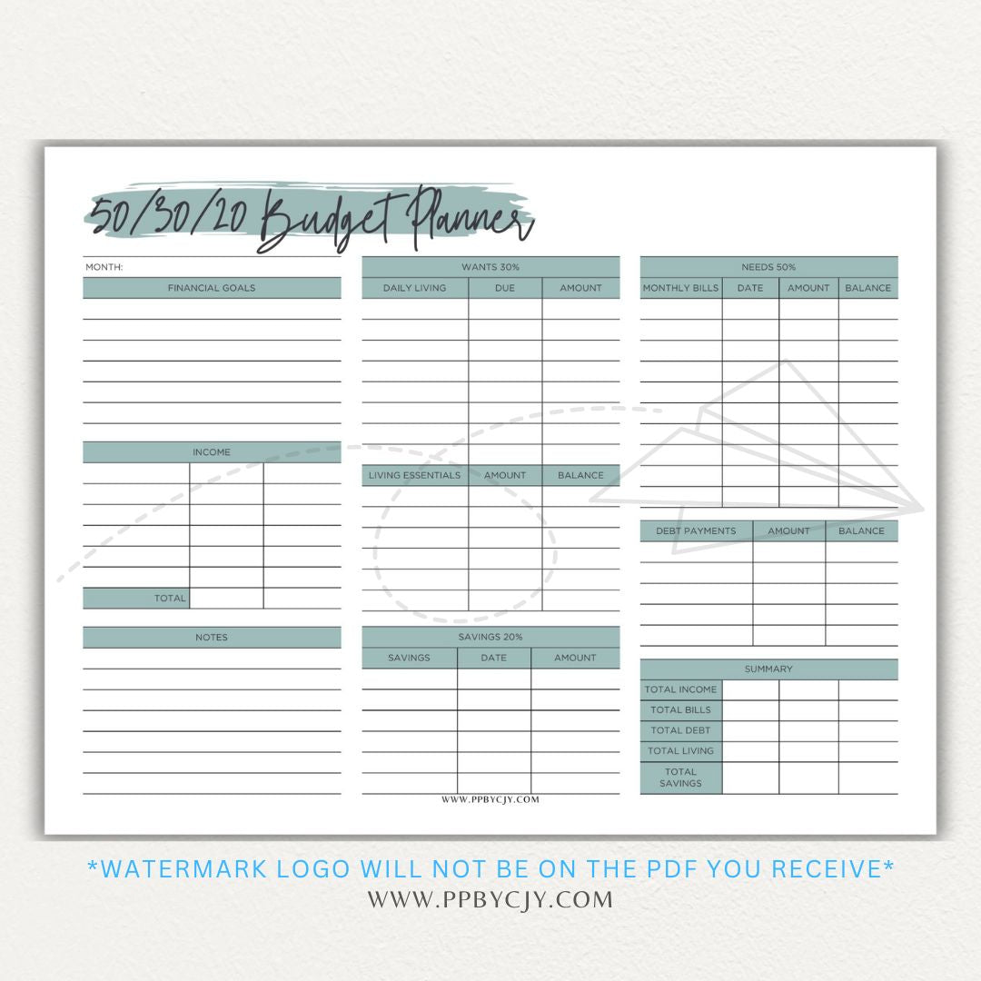 50/30/20 Budget Planner Printable Template with sections for needs, wants, and savings for personal finance management.