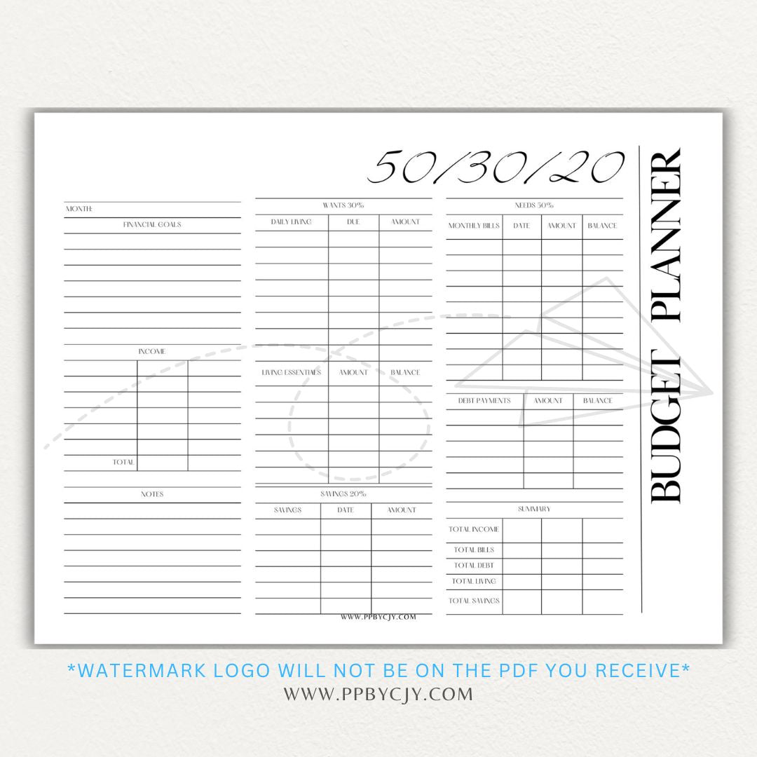 50/30/20 Budget Planner Printable Template with sections for needs, wants, and savings for personal finance management.