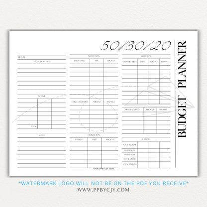 50/30/20 Budget Planner Printable Template with sections for needs, wants, and savings for personal finance management.