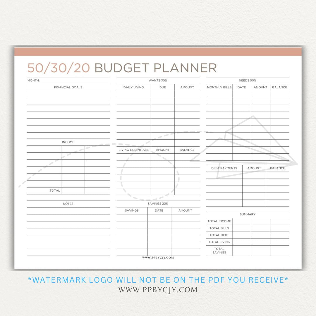 50/30/20 Budget Planner Printable Template with sections for needs, wants, and savings for personal finance management.