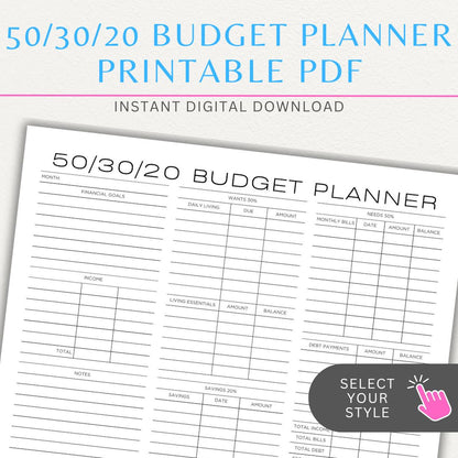 50/30/20 Budget Planner Printable Template with sections for needs, wants, and savings for personal finance management.