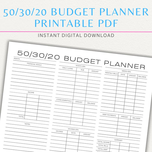 50/30/20 budget planner printable PDF to track spending, savings, and expenses to stay on budget.