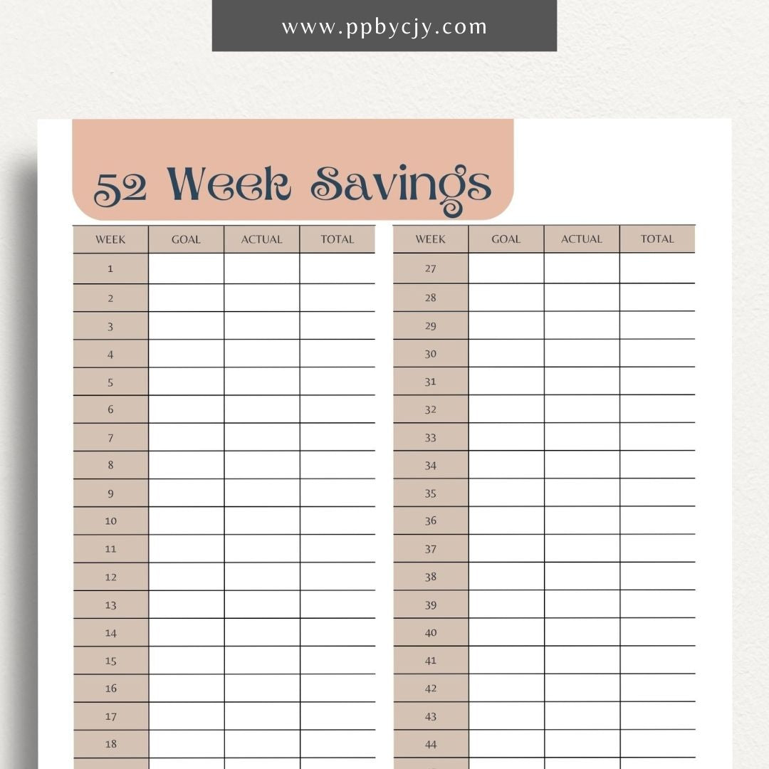 52 Week Saving Chart Printable Template – Digital Download for Tracking Weekly Savings Goals