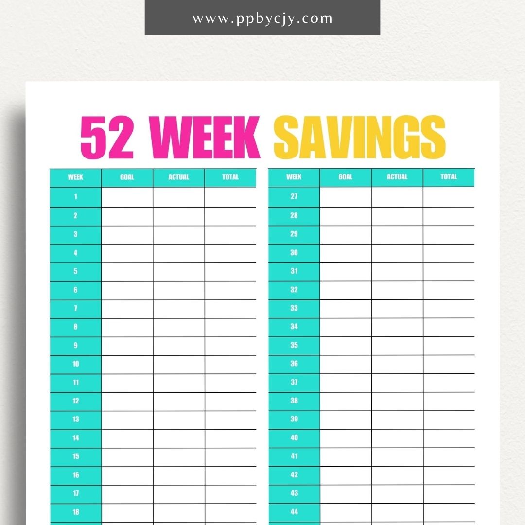 52 Week Saving Chart Printable Template – Digital Download for Tracking Weekly Savings Goals