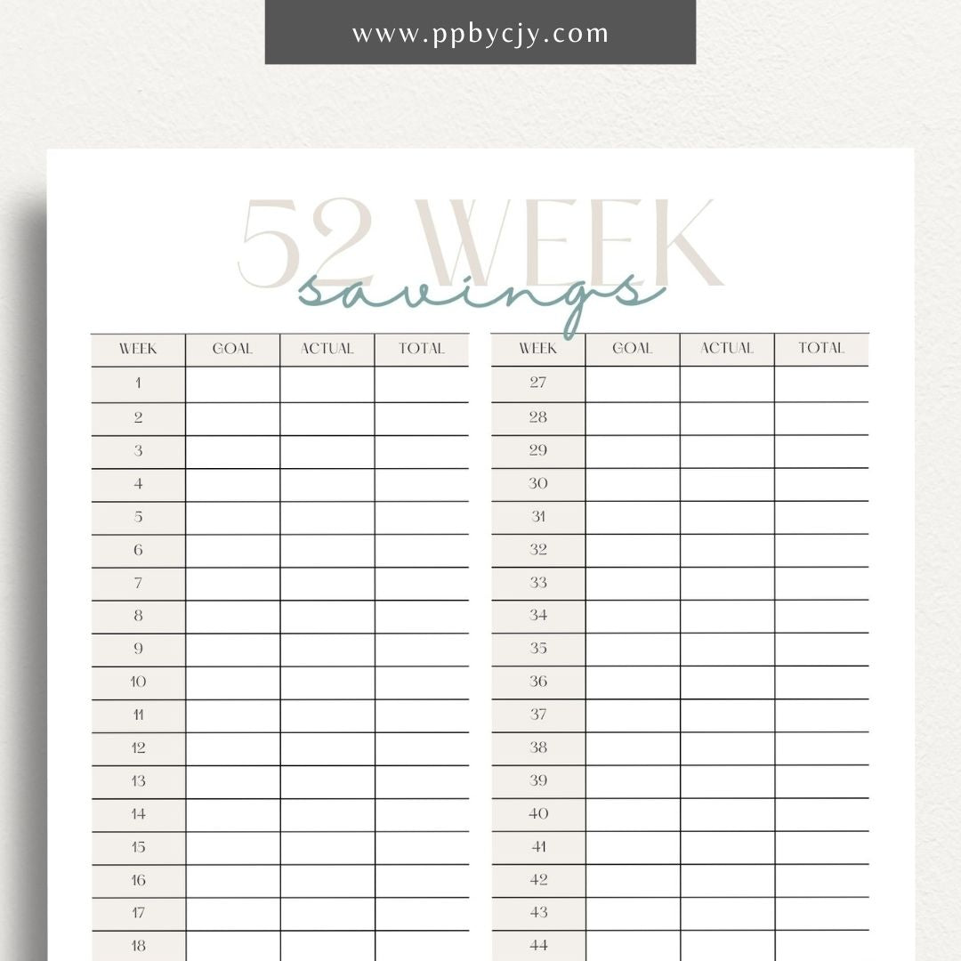 52 Week Saving Chart Printable Template – Digital Download for Tracking Weekly Savings Goals