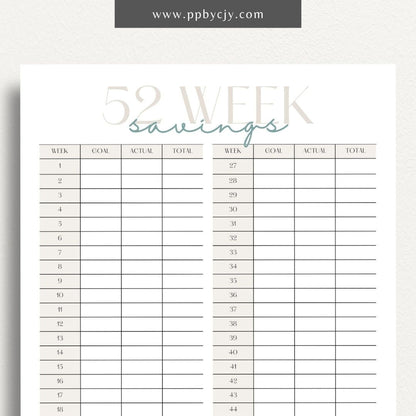 52 Week Saving Chart Printable Template – Digital Download for Tracking Weekly Savings Goals