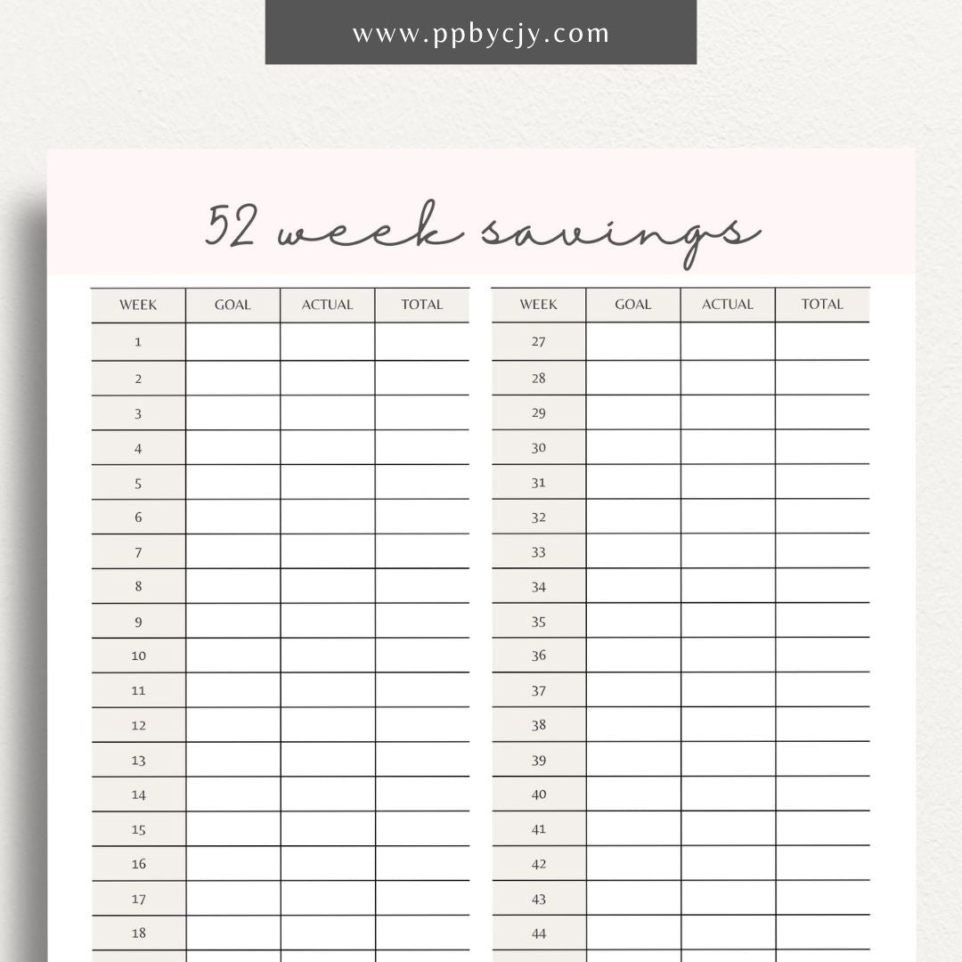 52 Week Saving Chart Printable Template – Digital Download for Tracking Weekly Savings Goals