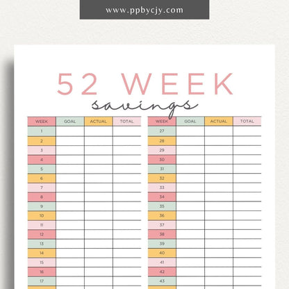 52 Week Saving Chart Printable Template – Digital Download for Tracking Weekly Savings Goals